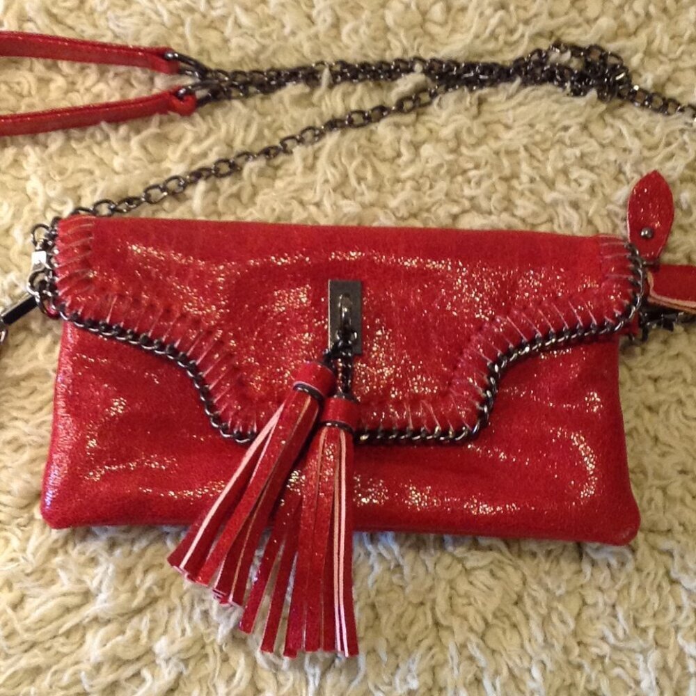 Sondra Roberts Square Red Bling Faux Suede Tassel Wristlet/Crossbody Chic Style